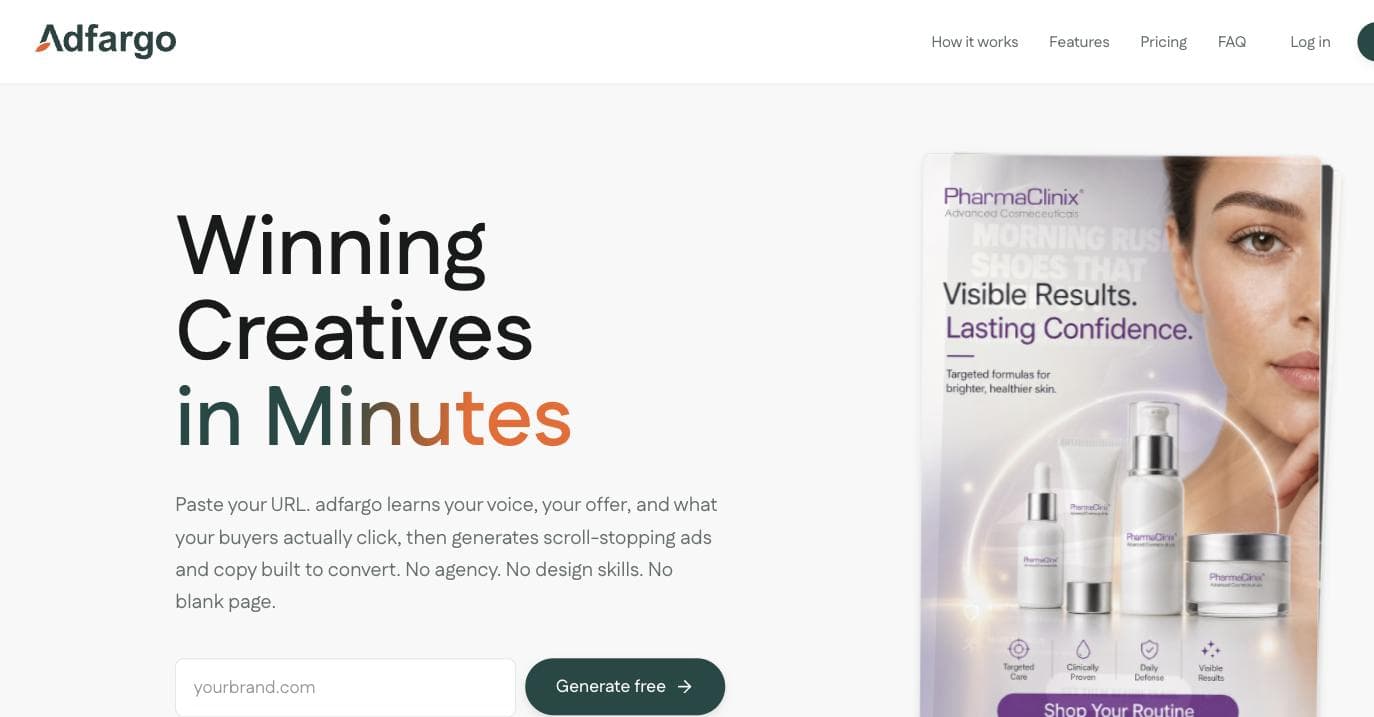 AdFargo homepage — Paste a URL. Get ads written in your own voice.